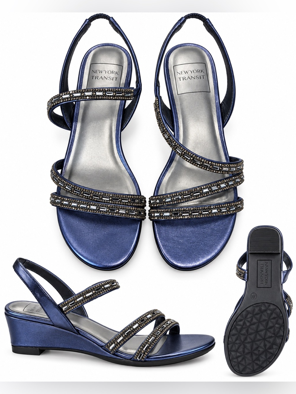 New York Transit Metallic Navy Rhinestone Slingback Wedge Sandals Size 9M